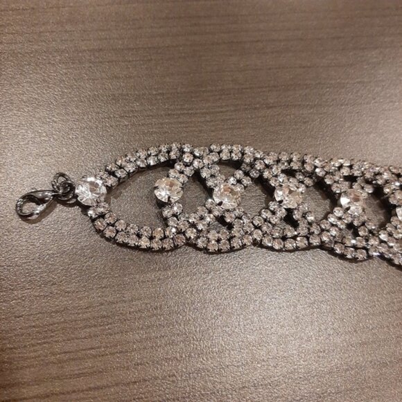 Braided Faux Diamond Bracelet Rhinestone Formal Wedding Woven Chunky Gunmetal - Picture 4 of 12